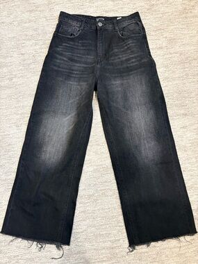 Frank And Oak Nina Black Washed Wide Leg Raw Hem Jeans Size 28